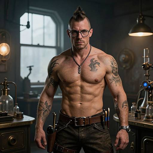 Photograph of a muscular, tattooed, shirtless man with short, spiked hair, glasses, and a necklace, standing in a dimly lit