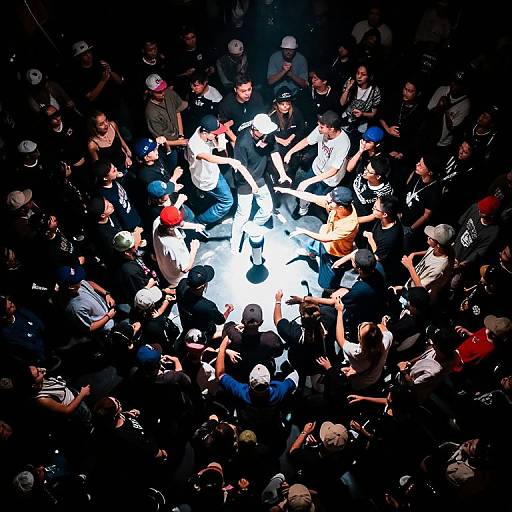 Overhead photograph of a diverse crowd, arms raised, illuminated center, wearing hats and casual clothes, creating a dynamic, energetic scene.