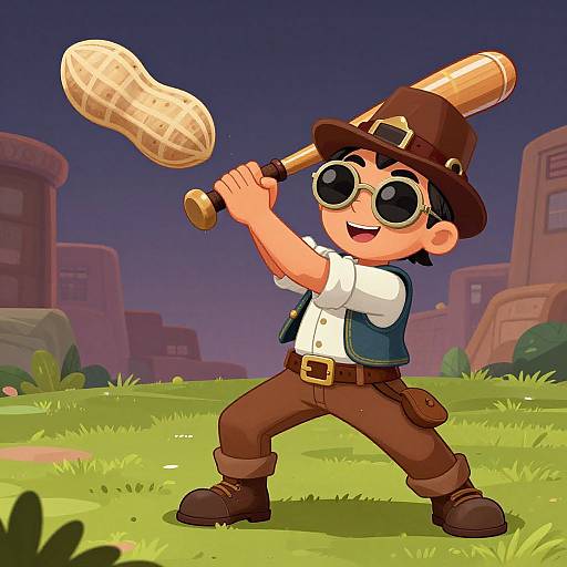 Cartoon boy with brown hat, vest, and glasses swings a wooden bat with a peanut, in a colorful, grassy, sunset town.