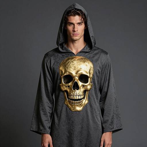 Man in Dark Gray Hooded Dress with Gold Skull Design