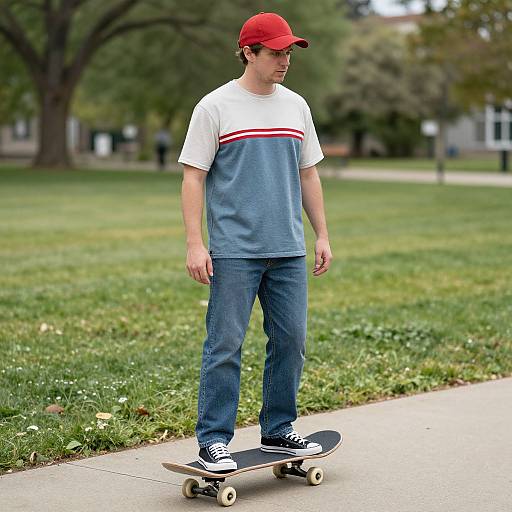 Photograph of a young man in a red cap, white and blue shirt, jeans, and black sneakers, skateboarding on a suburban sidewalk.