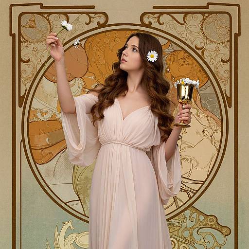 Artistic photograph of a fair-skinned woman with long brown hair, wearing a white, flowing dress, holding daisies, set against a vintage