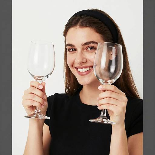 Photograph of a smiling young woman with long brown hair, wearing a black headband and black top, holding two wine glasses against a white background.