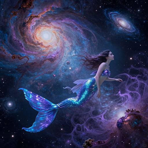 Digital art of a blue, shimmering mermaid with flowing black hair floating in a cosmic, galaxy-filled space with swirling nebulae.