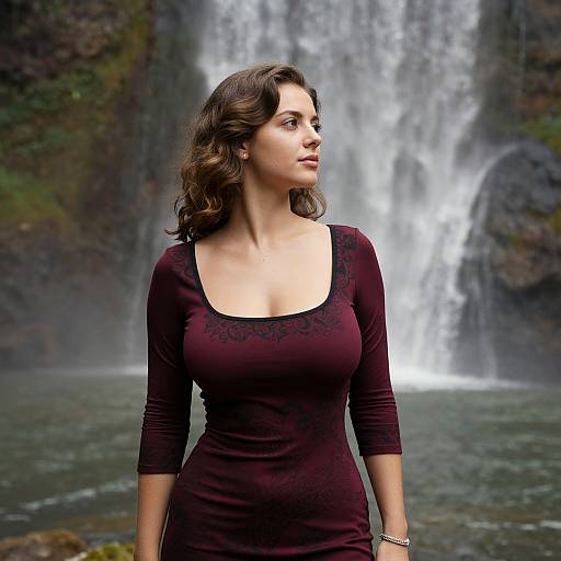 Photograph of a curvy woman with wavy brown hair, wearing a form-fitting burgundy dress, standing in front of a cascading waterfall