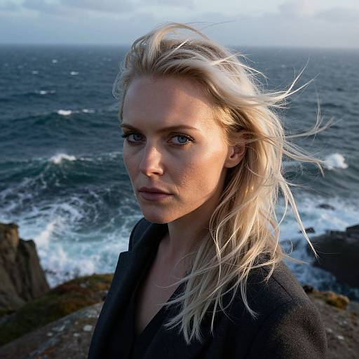 Photograph of a blonde, blue-eyed woman with wind-blown hair, wearing a black coat, standing on a rocky cliff overlooking a turbulent, dark