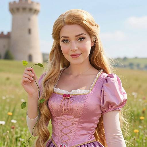 Digital illustration of a beautiful, long-haired, blonde woman in a pink, medieval-style dress holding a leaf, with a castle in the sunny background.