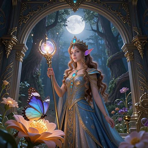 Digital fantasy artwork: A fair-skinned, long-haired princess in a blue, gold-embroidered gown holds a glowing staff, wearing a crown