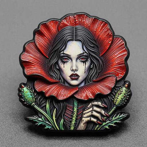Digital art of a pale, ethereal woman with black wavy hair, red flower petals framing her face, surrounded by green foliage. Dark, detailed