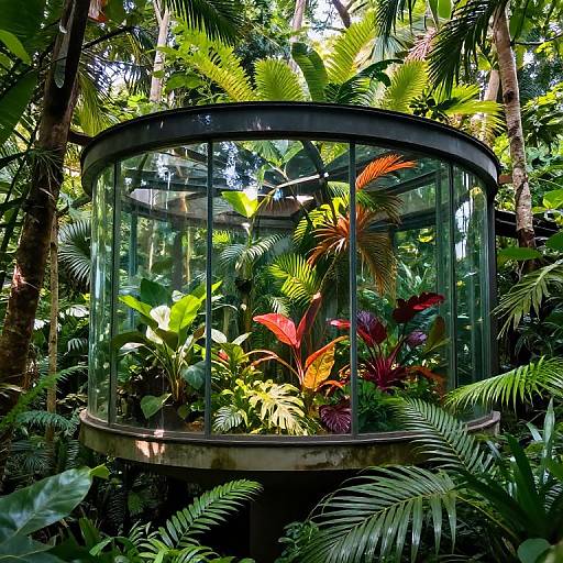Photograph of a glass terrarium with vibrant tropical plants, including red and green leaves, surrounded by dense jungle foliage.
