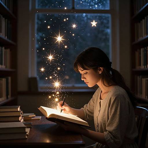 Photograph of a young woman with dark hair, wearing a beige blouse, reading a book in a dimly lit library, surrounded by glowing stars.