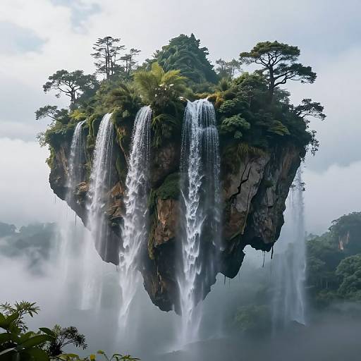 Photograph of a floating, lush island with multiple cascading waterfalls, surrounded by misty clouds and dense greenery, creating a surreal, eth