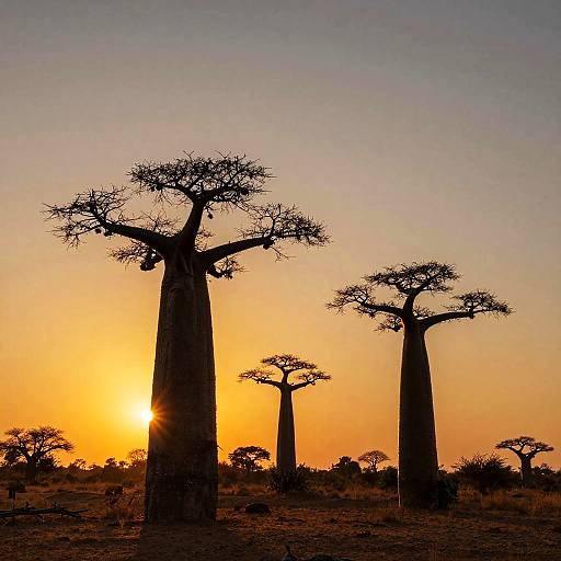 Photograph of African savanna at sunset, featuring silhouetted baobab trees with sparse branches against a vibrant orange and blue sky. Sun