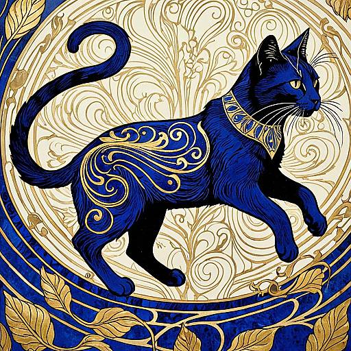 Art Nouveau Cat in Gold and Lapis