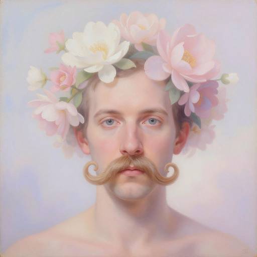 Digital portrait of a fair-skinned man with blue eyes, a curly blonde mustache, and a floral crown, against a soft blue background.