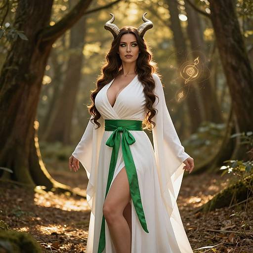 Photograph of a woman with long curly brown hair, wearing a white robe with green sash, horned headpiece, and revealing thigh slit,