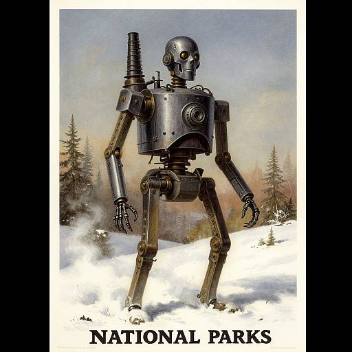 Vintage-style poster of a metallic robot standing in snowy landscape with pine trees, labeled 