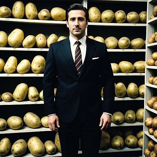Man in Suit Among Potatoes