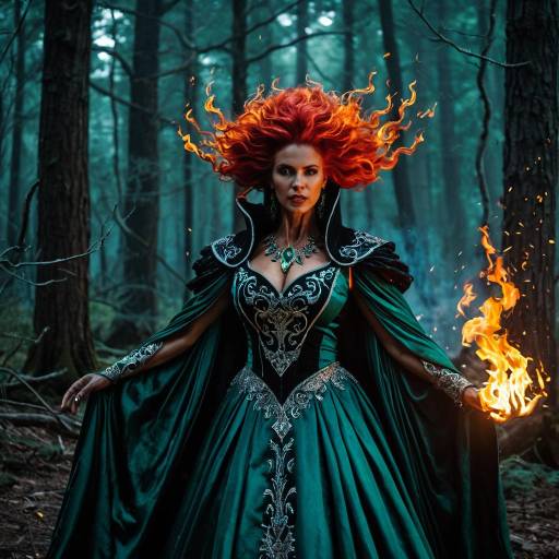 Enchanted Sorceress in Fiery Forest Scene