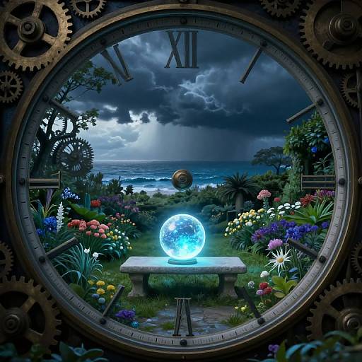 Digital artwork: glowing blue orb on stone bench in vibrant garden, framed by clock gears, stormy night sky, and ocean background.