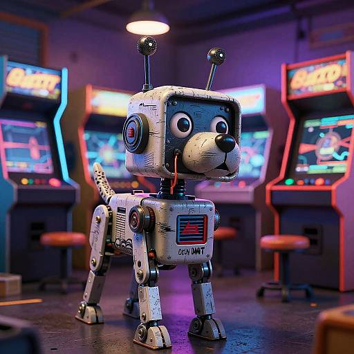 Retro Robot Dog in Neon Arcade