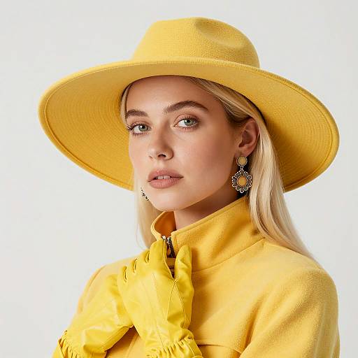 Woman in Yellow Wide-Brimmed Hat and Gloves