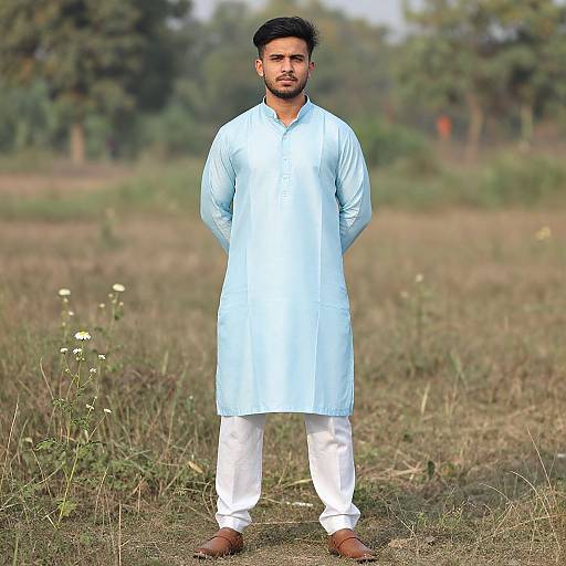 Photograph of a bearded South Asian man in light blue kurta and white pants, standing in a grassy field with trees in the background.