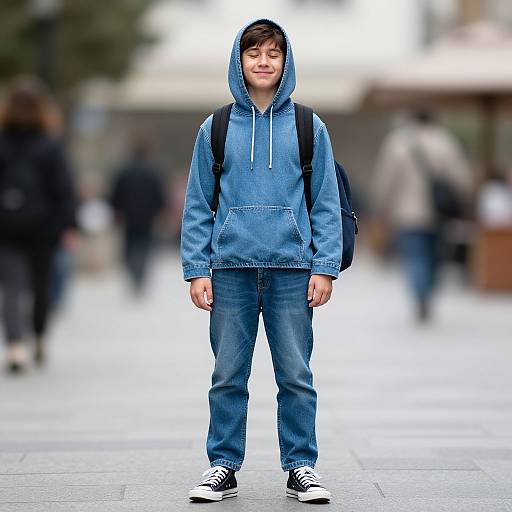 Photograph of a young boy with medium skin tone, black hair, wearing a blue hoodie, jeans, black backpack, and black-and-white sneakers,