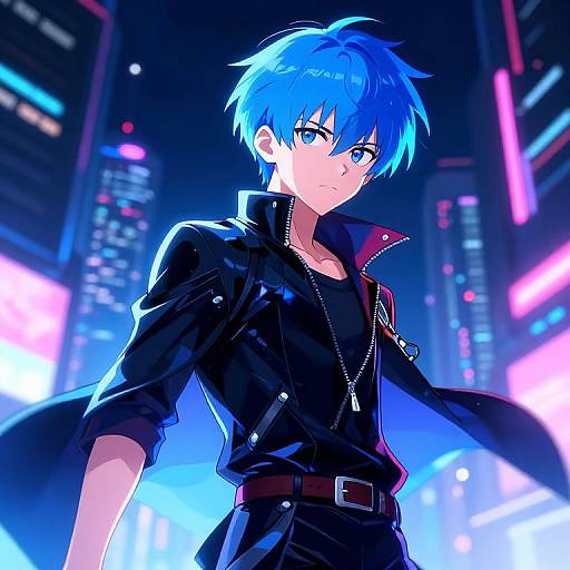 Digital anime-style illustration of a blue-haired, blue-eyed male character in a black leather jacket standing in a neon-lit cityscape. Bright, colorful
