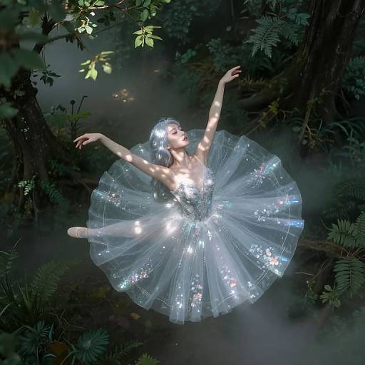 Photograph of a fairy-like ballerina with a glowing, star-embellished tutu, floating among dark, misty foliage, arms