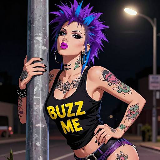 Digital illustration of a punk woman with purple and blue spiky hair, tattoos, black tank top with 