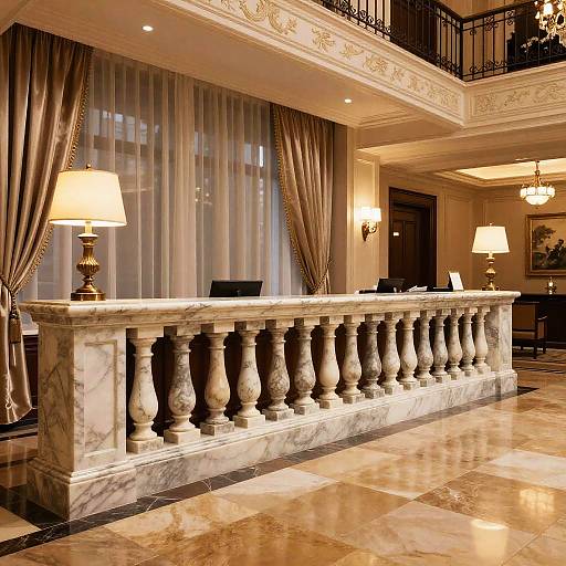 Luxurious hotel lobby with marble balustrade, golden curtains, elegant lamps, and polished tile floor, under a chandelier-lit balcony.