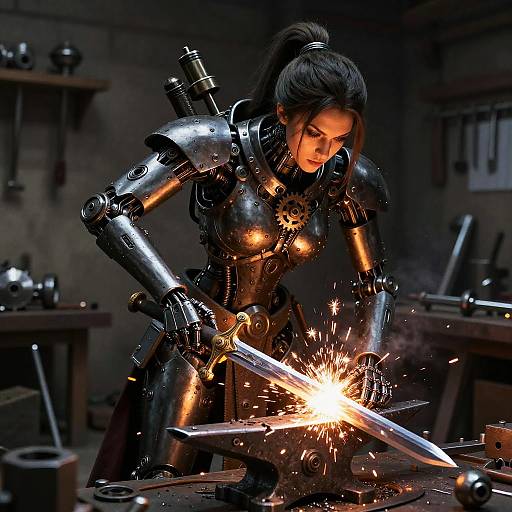 Warforged Blacksmith Crafting Glowing Sword