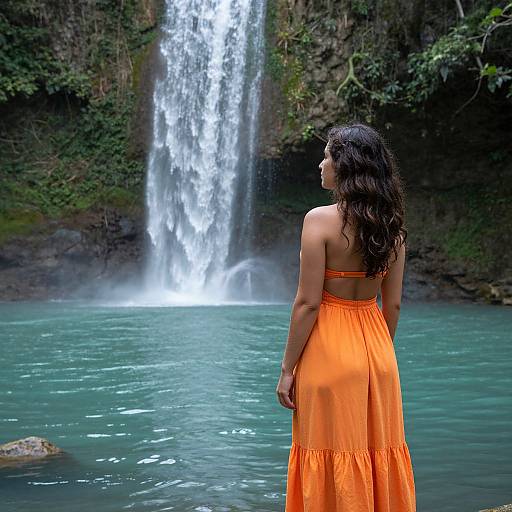 Photograph of a woman with long, wavy dark hair in an orange, backless dress, standing by a turquoise pool, facing a cascading