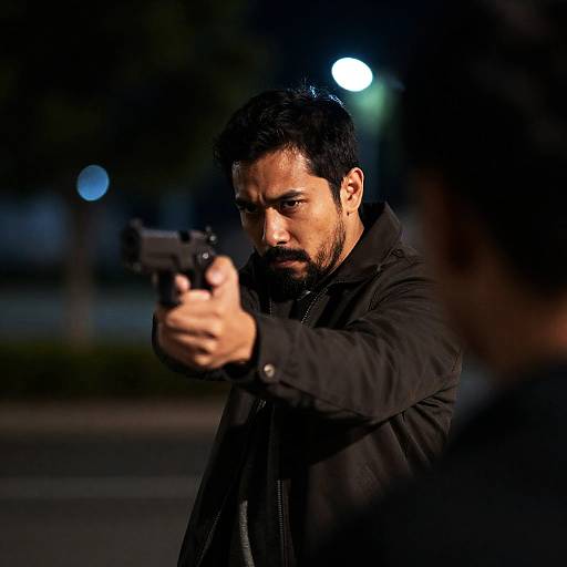 Intense Nighttime Gunman Portrait