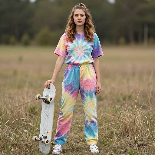 Photograph of a young woman with long brown hair, wearing tie-dye shirt and pants, standing in a grassy field holding a skateboard.