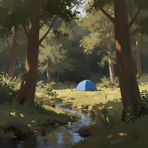 Sunlit Forest with Tent and Stream