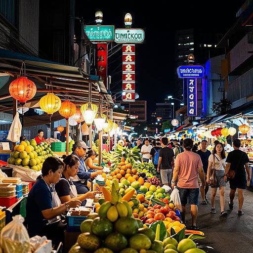 Night market photograph: Vibrant street scene with neon signs, colorful fruits, lanterns, bustling crowd, and vendors under city lights.