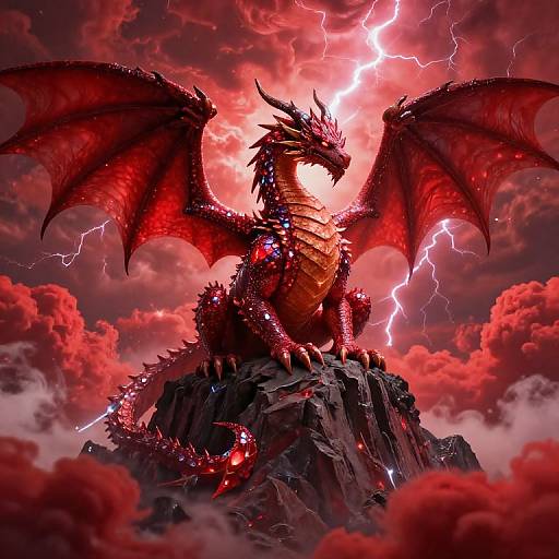 Digital artwork of a fierce red dragon with glowing scales, large wings, and sharp spikes, standing on a rocky peak amidst a stormy, lightning-filled