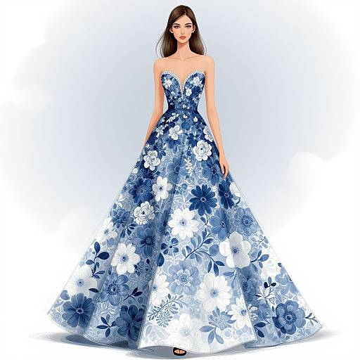 Digital illustration of a brunette woman in a strapless, blue and white floral ball gown, standing against a plain white background.