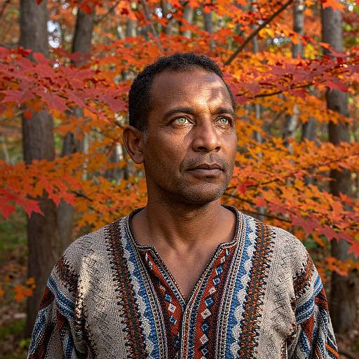 Photograph of a dark-skinned man with short black hair, wearing a colorful, patterned traditional shirt, standing in a forest with vibrant orange autumn
