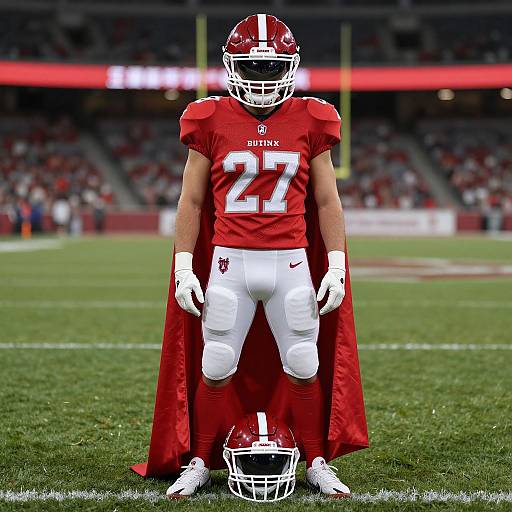 Photograph of a Pittsburgh Steelers football player in full red uniform with white numbers, standing on field, helmet at feet, stadium blurred in background.