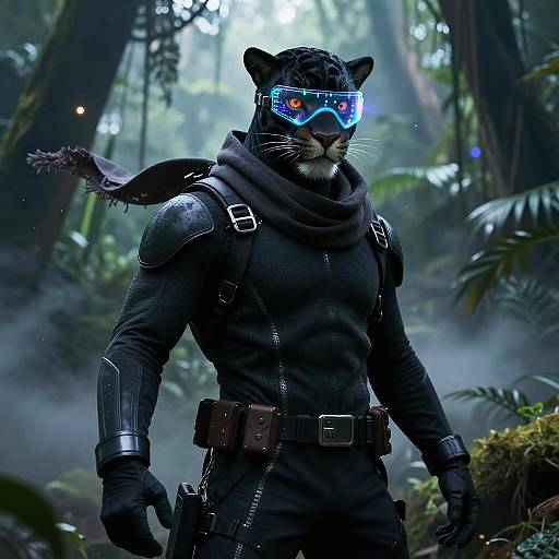 Digital art of a muscular anthropomorphic black panther in futuristic armor with neon blue visor, standing in a misty forest.