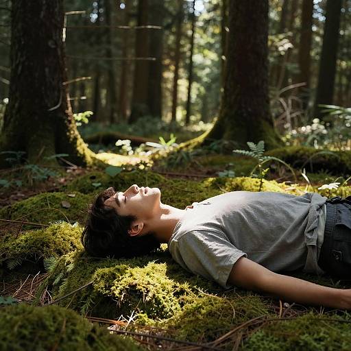 Serene Person in Sunlit Forest Clearing