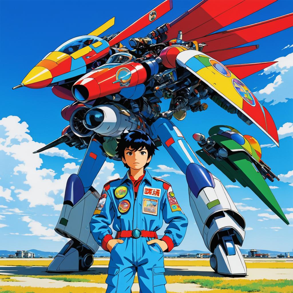 Brave Pilot and Mecha Under Blue Sky