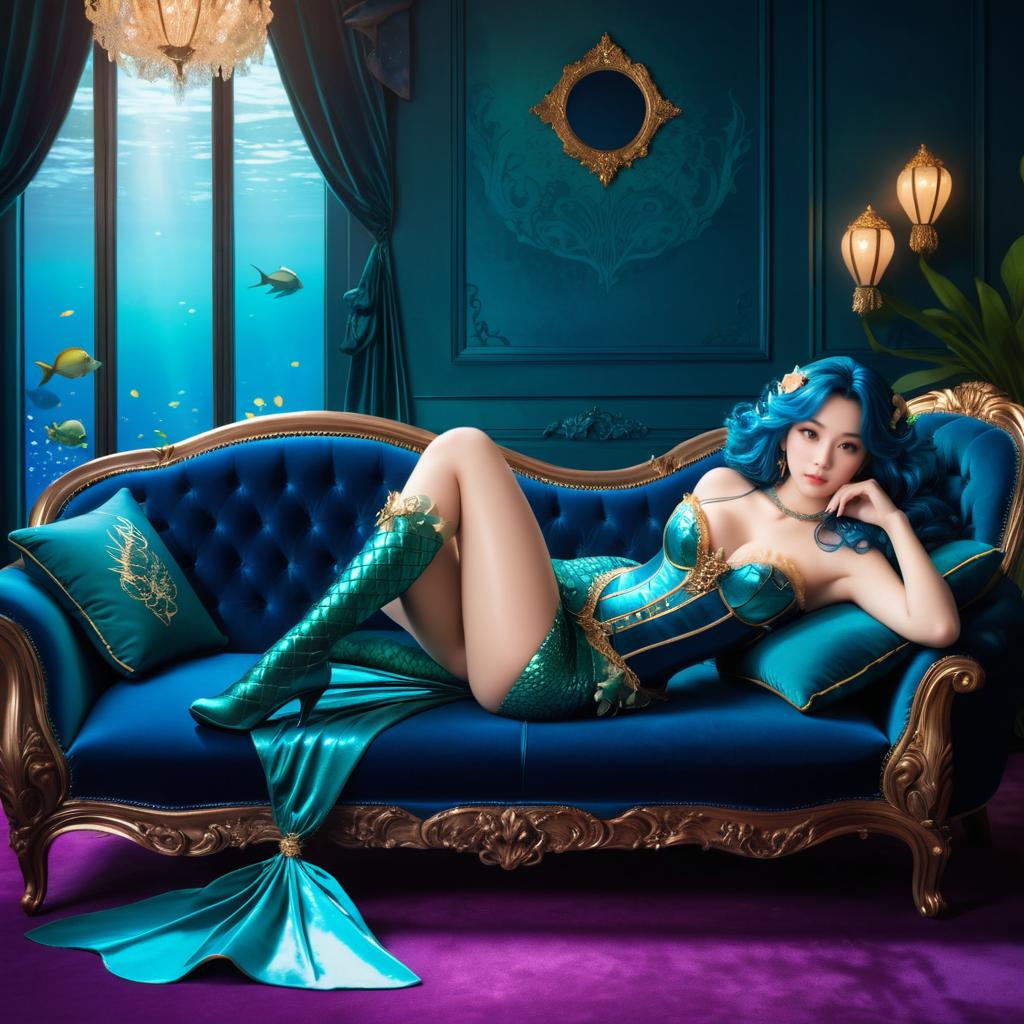 Seductive Mermaid Enchantress on Velvet Sofa