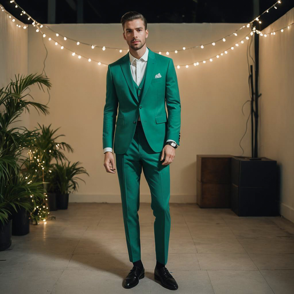 Stylish Man with Viridian Blazer Under Lights