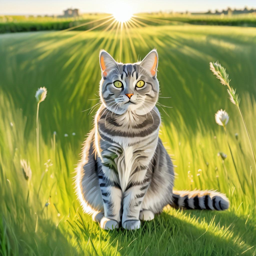 Picasso-Inspired Cat in Sunny Meadow