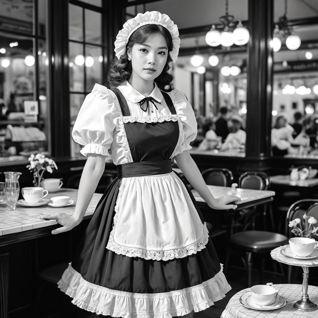 Elegant Maid in Parisian Cafe Scene