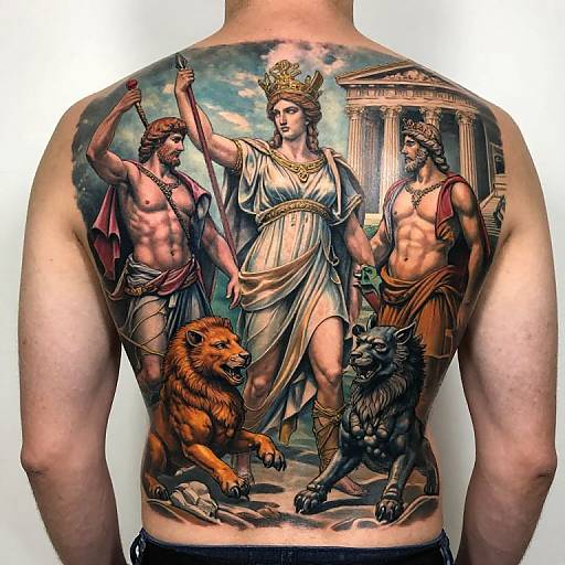 Tattoo on back of muscular man featuring classical Roman scene with crowned woman, two muscular men, and two lions, set against ancient columns. Phot